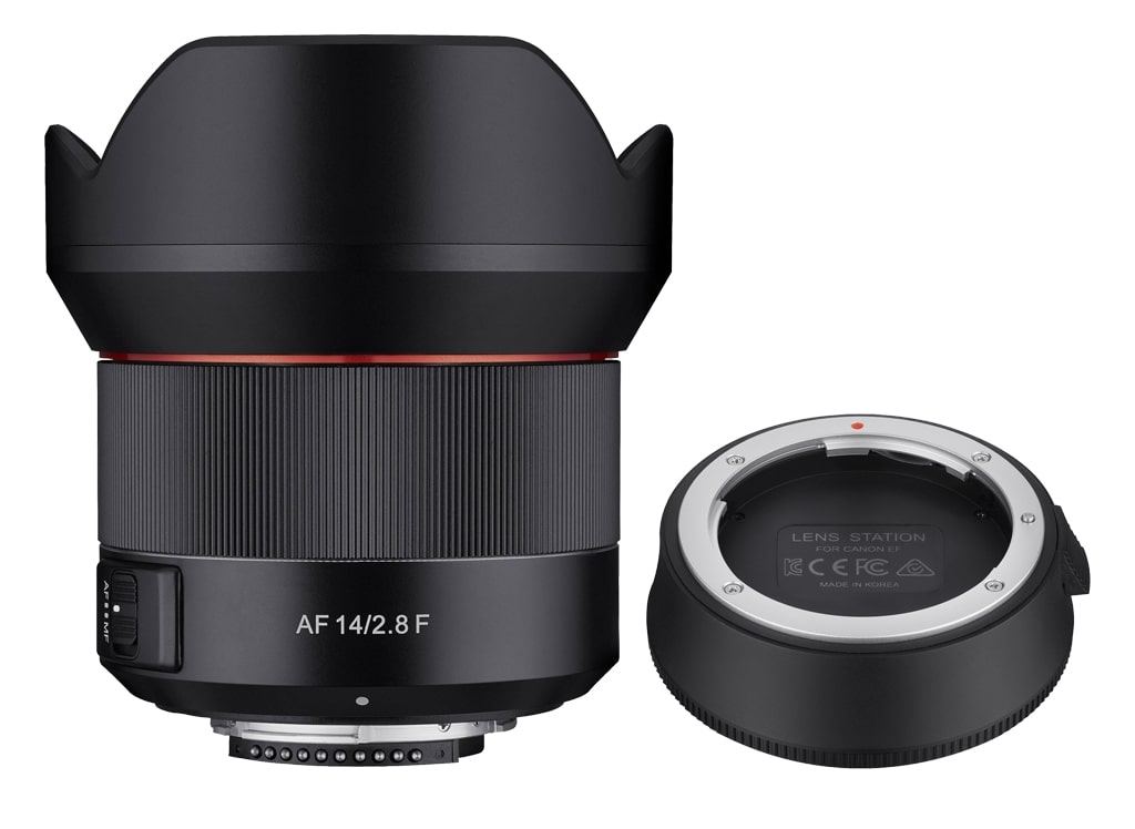 Samyang AF 14mm 1:2,8 + Lens Station für Canon EF