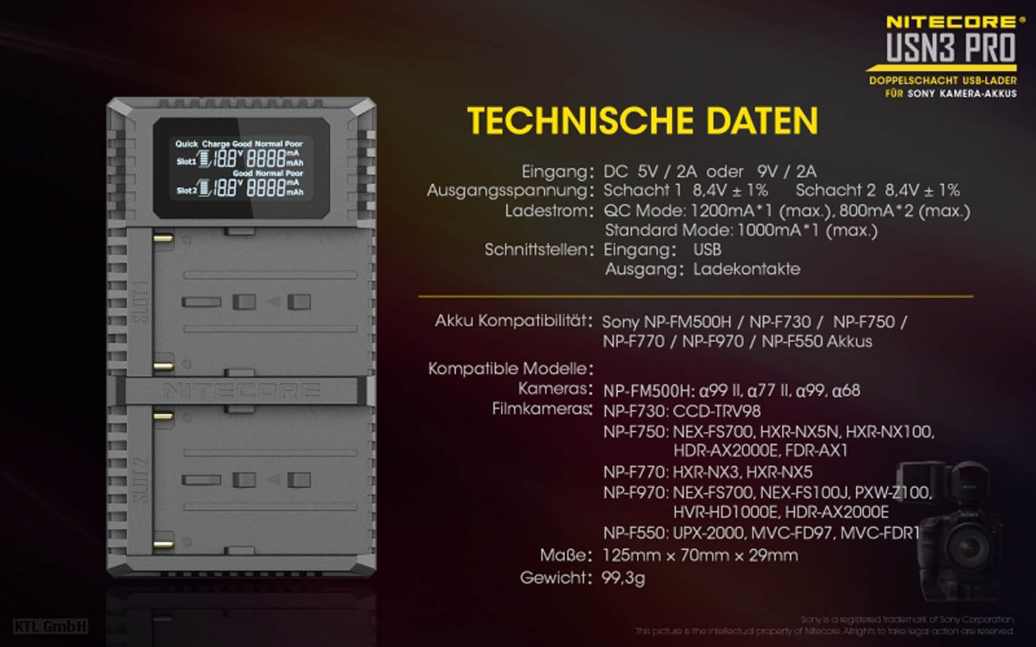 Nitecore NC-USN3 Pro Dual-Ladegerät für Sony NP-FM500H