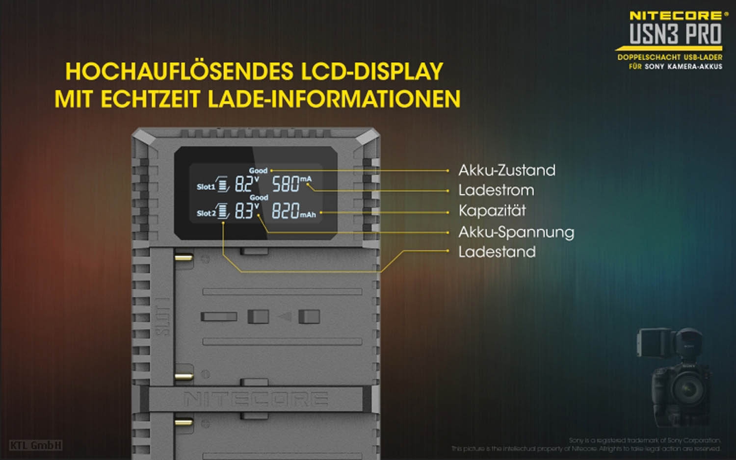Nitecore NC-USN3 Pro Dual-Ladegerät für Sony NP-FM500H